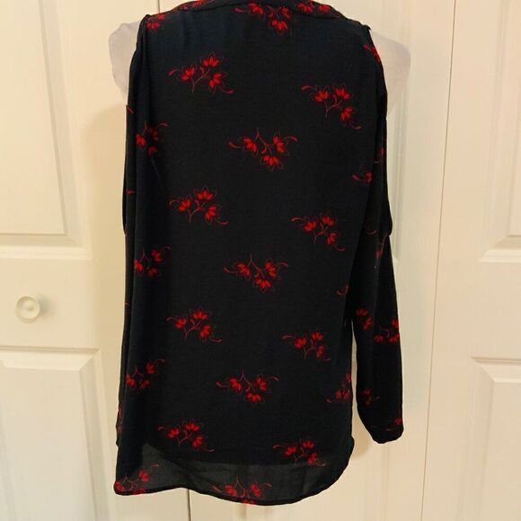 Loft Navy Blue Red Leaf Print Tie Neck Cold Shoulder Long Sleeve Top Medium - Picture 7 of 12